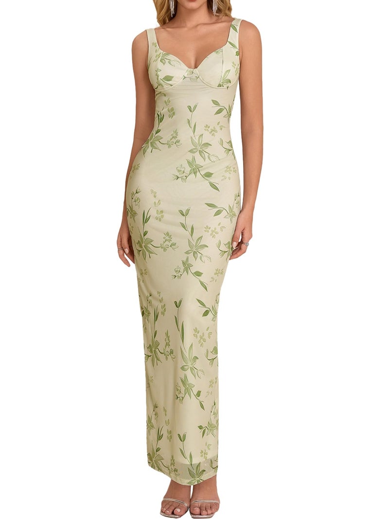 HTZMO Women Summer Floral Bodycon Maxi Dress V Neck Halter Sleeveless Casual Wedding Guest Party Elegant Long Dresses Green Floral M - Image 1