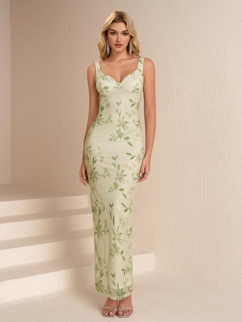 HTZMO Women Summer Floral Bodycon Maxi Dress V Neck Halter Sleeveless Casual Wedding Guest Party Elegant Long Dresses Green Floral M - Image 5