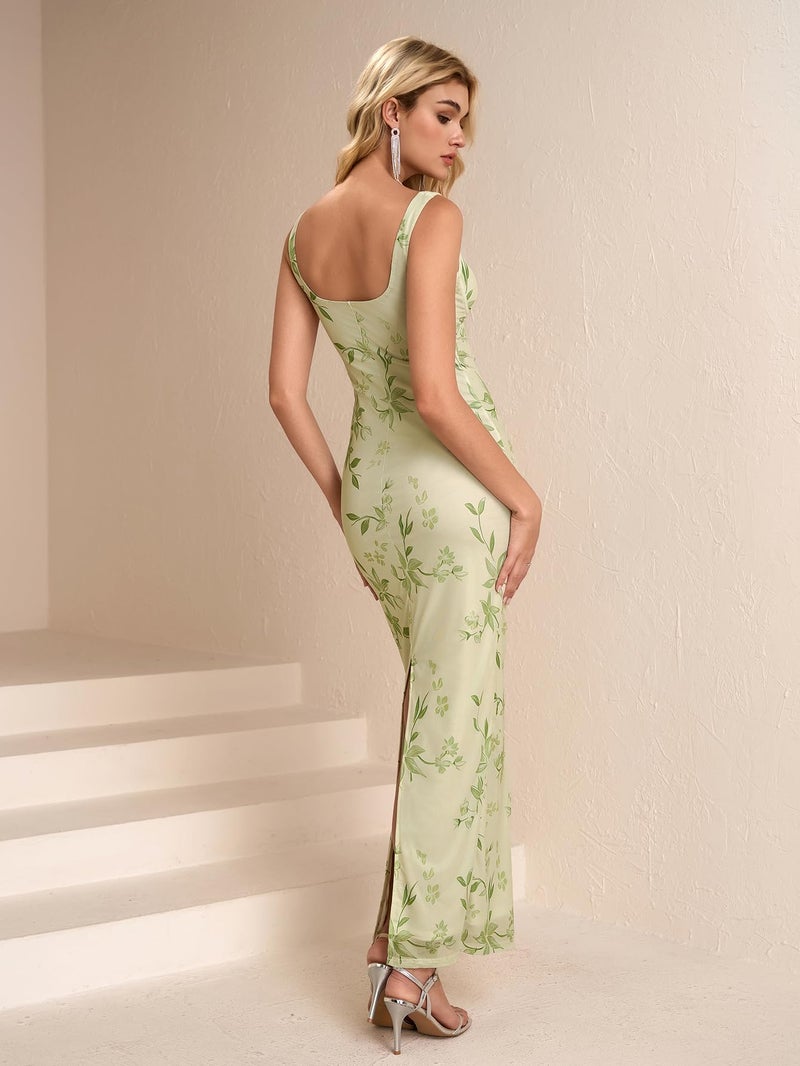 HTZMO Women Summer Floral Bodycon Maxi Dress V Neck Halter Sleeveless Casual Wedding Guest Party Elegant Long Dresses Green Floral M - Image 2
