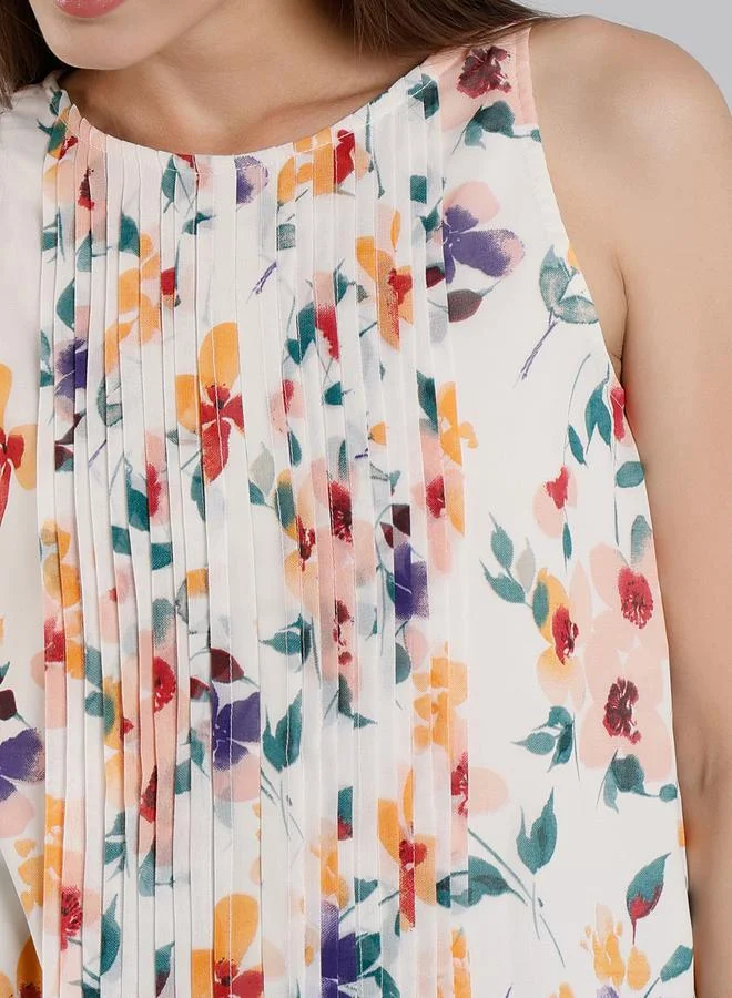 ميش ميش توب نسائي أبيض بطبعات زهور بدون أكمام مع تفاصيل بن تنك