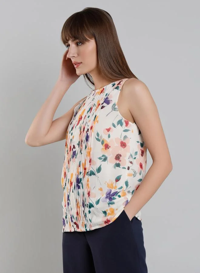 Mish  Mish Women White Floral Print Sleeveless Top with Pin Tuck Detail for Women | Best Price UAE