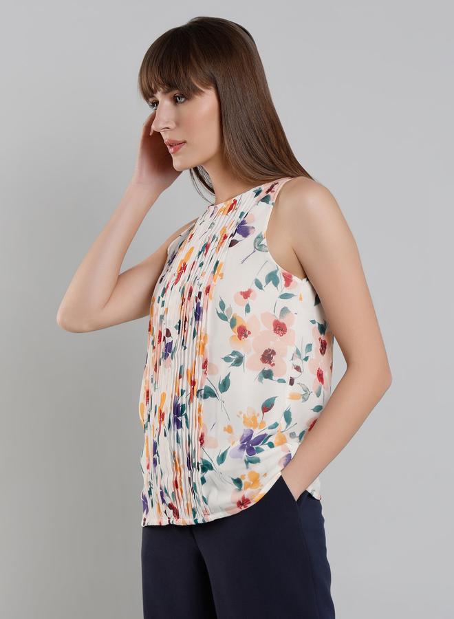 ميش توب نسائي أبيض بطبعات زهور بدون أكمام مع تفاصيل بن تنك - Image 4