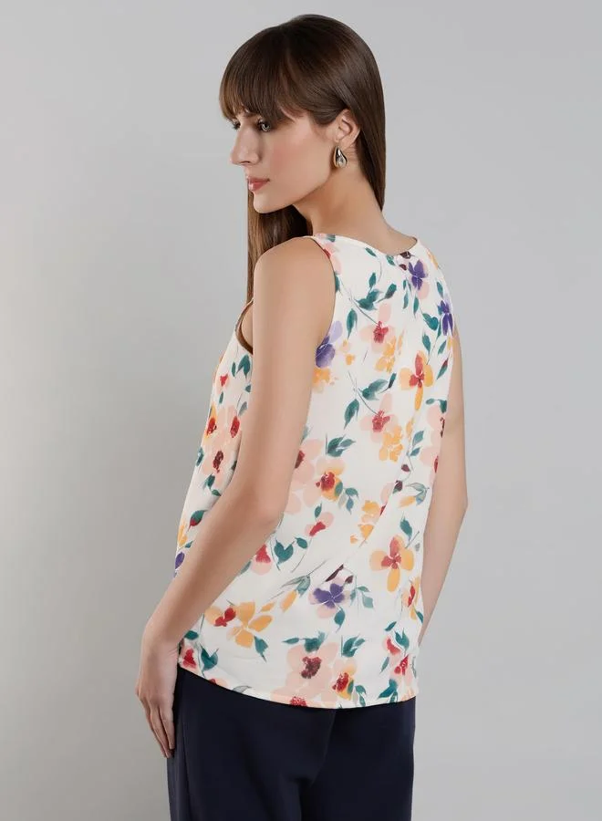 Mish  Mish Women White Floral Print Sleeveless Top with Pin Tuck Detail for Women | Best Price UAE