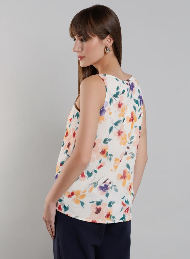 ميش توب نسائي أبيض بطبعات زهور بدون أكمام مع تفاصيل بن تنك - Image 5