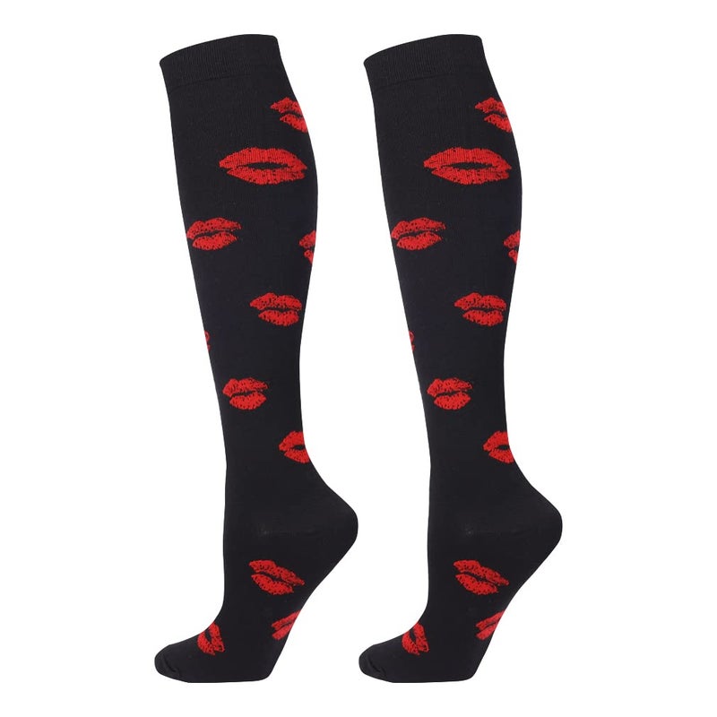Junely Valentines Day Compression Socks for Women 20-30 mmhg Knee High Lip Socks for Valentine Running Athletic Nurses Pregnant Women Work Support Travel Flight Sports Black - Image 1