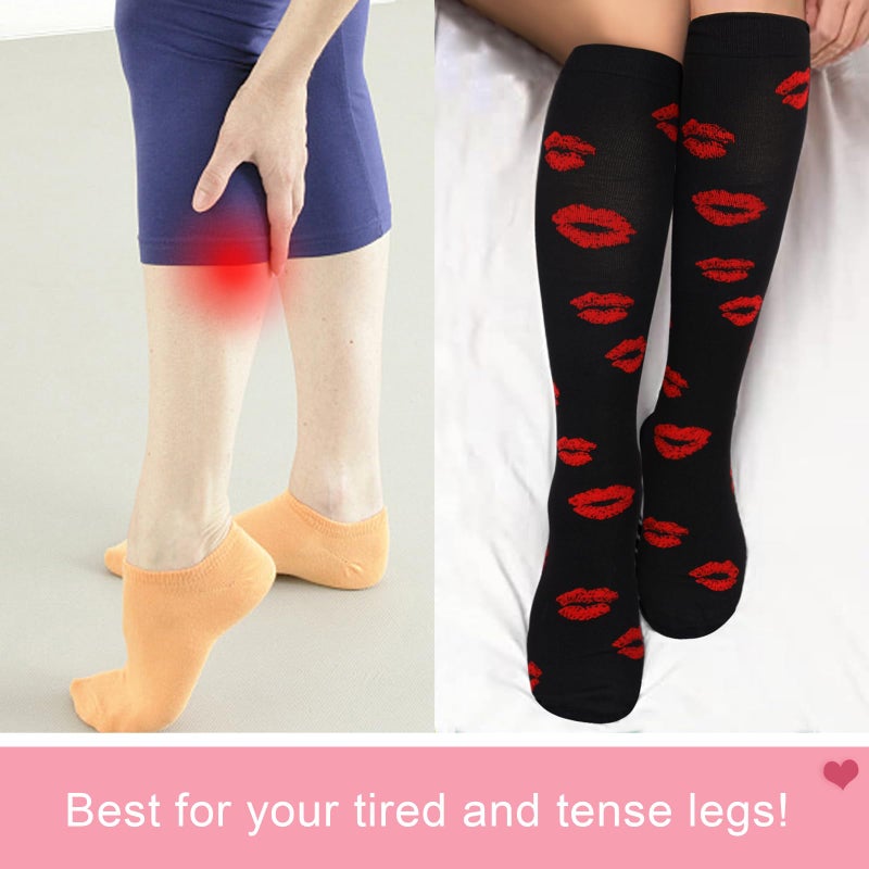 Junely Valentines Day Compression Socks for Women 20-30 mmhg Knee High Lip Socks for Valentine Running Athletic Nurses Pregnant Women Work Support Travel Flight Sports Black - Image 4