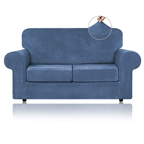 WEERRW Velvet Couch Covers for 2 Cushion Couch Sofa  High Stretch Luxury Velvet Plush 3 Pieces Sofa Slipcovers with Elastic Bottom Furniture Protector for Pets Machine Washable Light Blue Medium