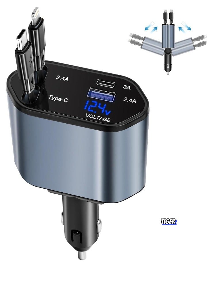 TIGER Retractable Car Charger – 4-in-1 Fast Car Phone Charger (2 Retractable Cables + 2 USB Ports) Type-C Adapter for iPhone, Samsung, Google, iPad & More - Image 1