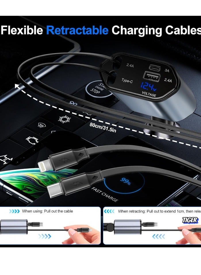TIGER Retractable Car Charger – 4-in-1 Fast Car Phone Charger (2 Retractable Cables + 2 USB Ports) Type-C Adapter for iPhone, Samsung, Google, iPad & More - Image 2