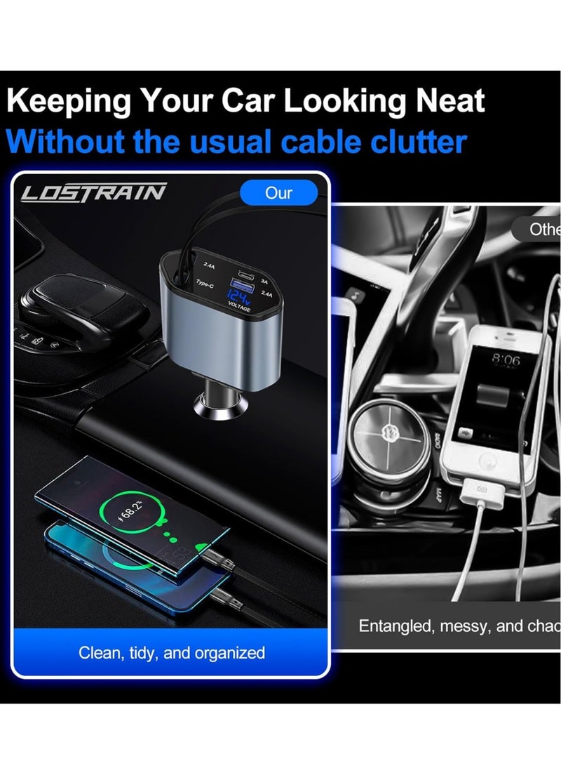 TIGER Retractable Car Charger – 4-in-1 Fast Car Phone Charger (2 Retractable Cables + 2 USB Ports) Type-C Adapter for iPhone, Samsung, Google, iPad & More - Image 4