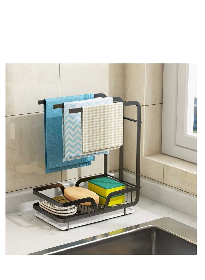 PYEBE Sponge Holder with Drain Pan for Kitchen Sink Kitchen Sink Caddy Organizer for Sponge Brush Soap Dish Dishcloth Rack Black - Image 3