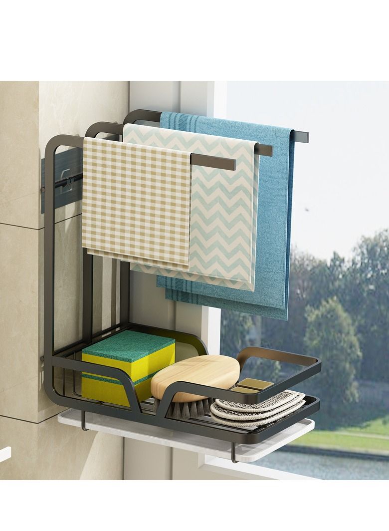 PYEBE Sponge Holder with Drain Pan for Kitchen Sink Kitchen Sink Caddy Organizer for Sponge Brush Soap Dish Dishcloth Rack Black - Image 2