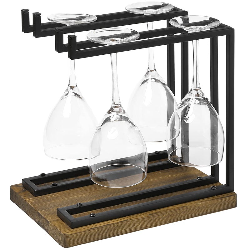 MyGift Industrial Metal Wine Glass Rack Holder Stand with 2 Hanger Bars and Rustic Wooden Base Countertop Hanging Stemware Holder