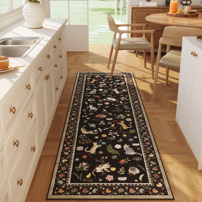 Rugcomf Runner Rug for Kitchen Non Slip 2'x6' Washable Rugs with Rubber Backing Soft Floral Animal Cat Carpet Runner for Kitchen Laundry Bedroom Bathroom, Black - Image 1