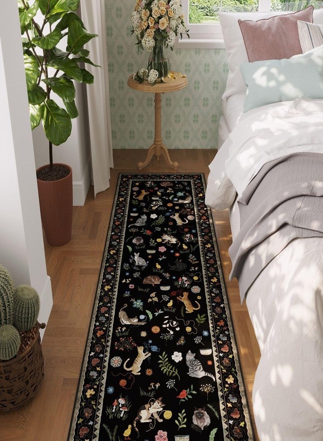Rugcomf Runner Rug for Kitchen Non Slip 2'x6' Washable Rugs with Rubber Backing Soft Floral Animal Cat Carpet Runner for Kitchen Laundry Bedroom Bathroom, Black - Image 3