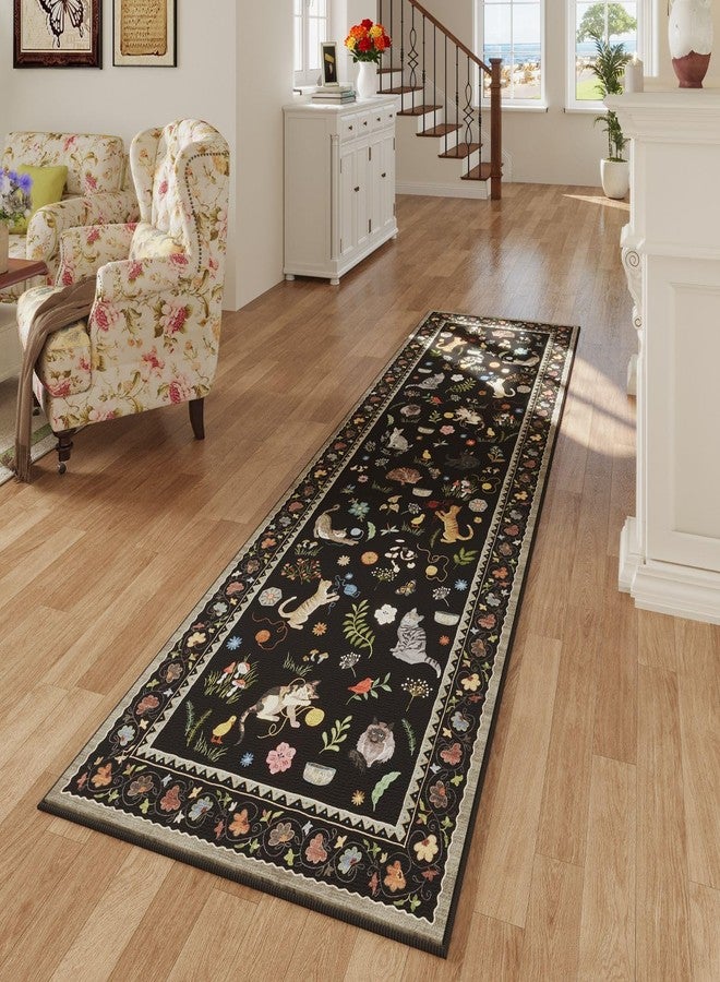 Rugcomf Runner Rug for Kitchen Non Slip 2'x6' Washable Rugs with Rubber Backing Soft Floral Animal Cat Carpet Runner for Kitchen Laundry Bedroom Bathroom, Black - Image 2
