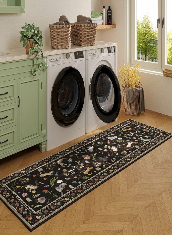 Rugcomf Runner Rug for Kitchen Non Slip 2'x6' Washable Rugs with Rubber Backing Soft Floral Animal Cat Carpet Runner for Kitchen Laundry Bedroom Bathroom, Black - Image 4