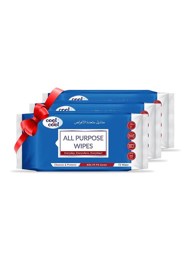 Cool & Cool All Purpose Wipes 72's(Pack of 3) - Cleanses & Protects,Kills 99.9% Germs, Disinfectant, Stain Removal & Travel Friendly 216 Wipes - Image 1