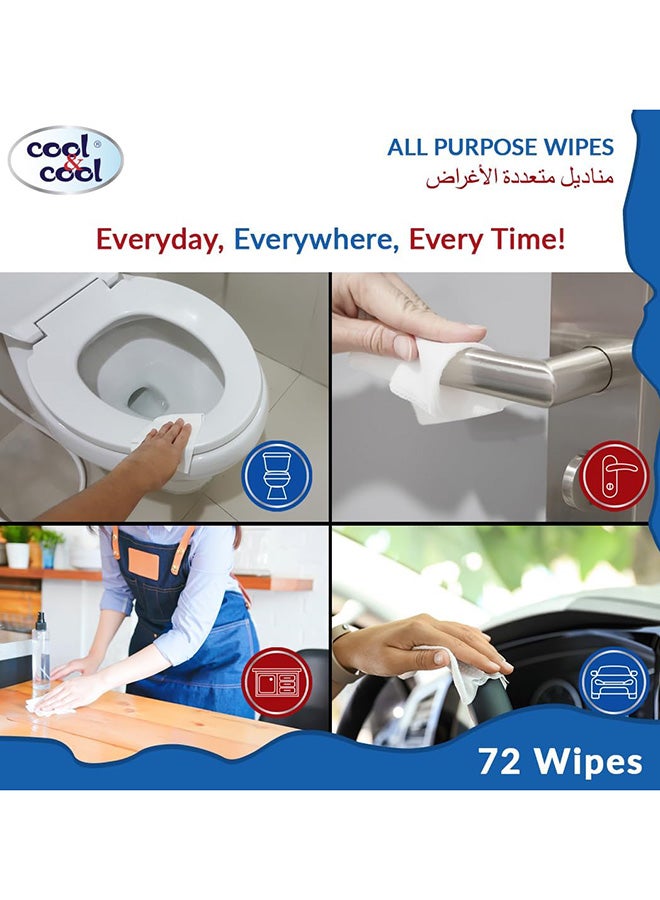 Cool & Cool All Purpose Wipes 72's(Pack of 3) - Cleanses & Protects,Kills 99.9% Germs, Disinfectant, Stain Removal & Travel Friendly 216 Wipes - Image 4