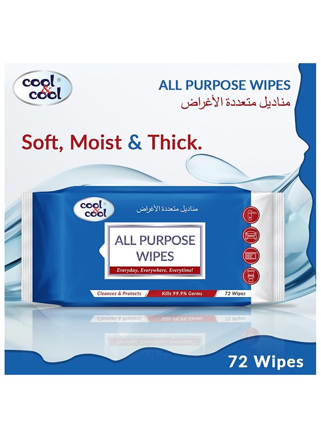 Cool & Cool All Purpose Wipes 72's(Pack of 3) - Cleanses & Protects,Kills 99.9% Germs, Disinfectant, Stain Removal & Travel Friendly 216 Wipes - Image 3