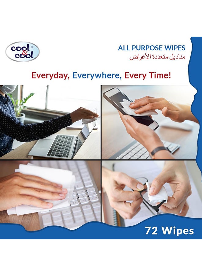 Cool & Cool All Purpose Wipes 72's(Pack of 3) - Cleanses & Protects,Kills 99.9% Germs, Disinfectant, Stain Removal & Travel Friendly 216 Wipes - Image 5