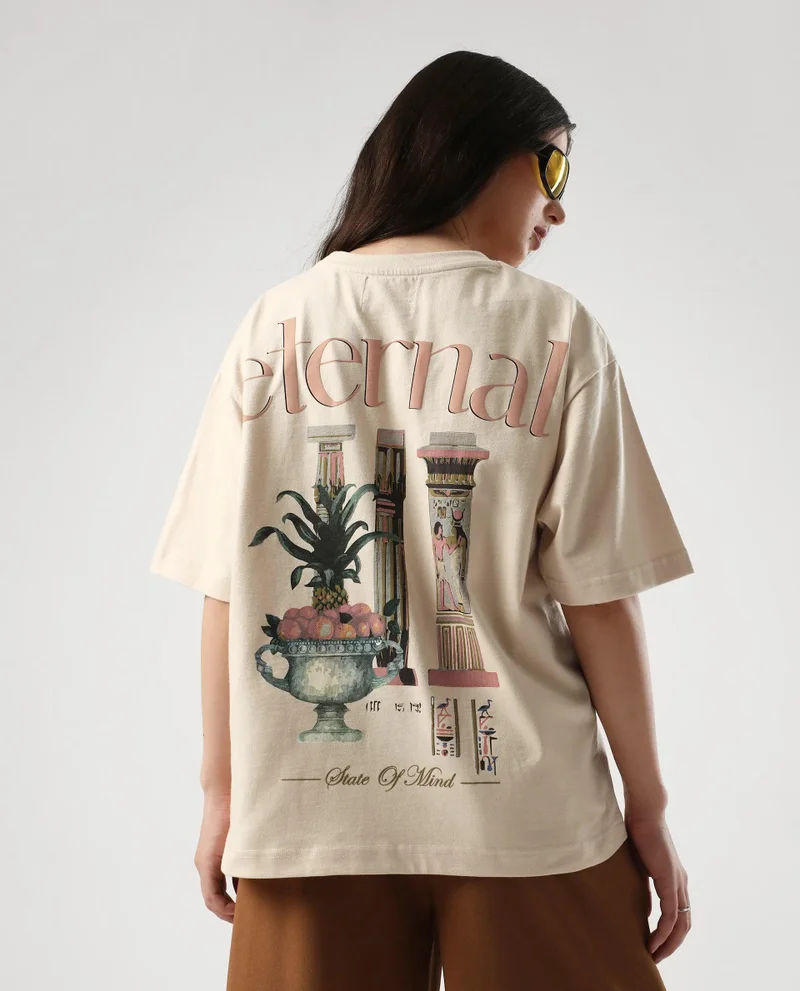 Rareism Women's Oversized T-Shirt With Back Graphic Print