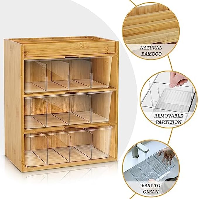 rayihni Tea Bag Organizer  Bamboo Storage With Drawer 3 Layer Natural Wood  Acrylic For Countertop Office Kitchen Cabinet Pantry - Image 3