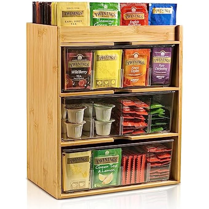 rayihni Tea Bag Organizer  Bamboo Storage With Drawer 3 Layer Natural Wood  Acrylic For Countertop Office Kitchen Cabinet Pantry - Image 2