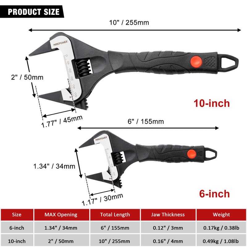 MAXPOWER Slim Adjustable Wrench Set, 6" & 10" Wide Jaw Opening, Dual Scale With Metric and SAE Plumbing Wrenches, Deep Jaw With Soft Grip Handle - Image 2