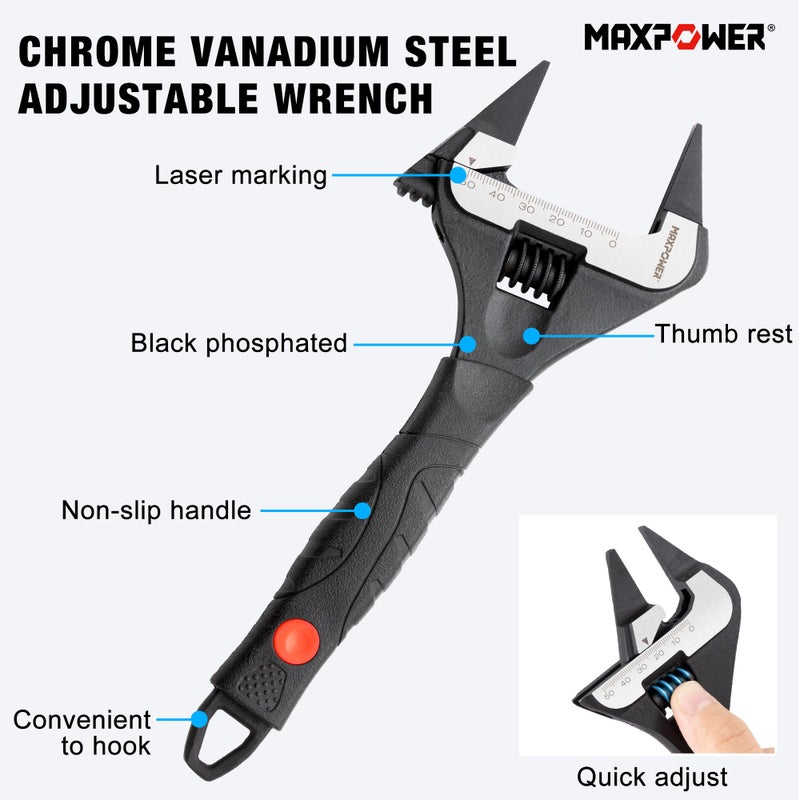 MAXPOWER Slim Adjustable Wrench Set, 6" & 10" Wide Jaw Opening, Dual Scale With Metric and SAE Plumbing Wrenches, Deep Jaw With Soft Grip Handle - Image 3