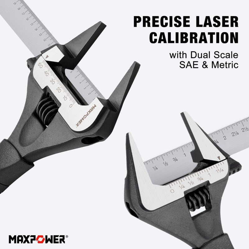 MAXPOWER Slim Adjustable Wrench Set, 6" & 10" Wide Jaw Opening, Dual Scale With Metric and SAE Plumbing Wrenches, Deep Jaw With Soft Grip Handle - Image 4