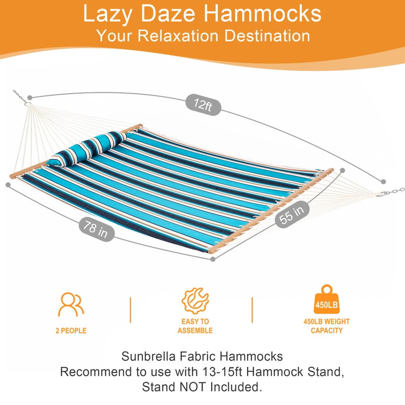 Lazy Daze Hammocks 12 FT Sunbrella Fabric Hammock not Fading with Spreader Bars and Free Pillow Fits for 2 Persons, All Weather and Fade Resistant for Patio Yard, 450 lbs Capacity, Token Surfside - Image 3