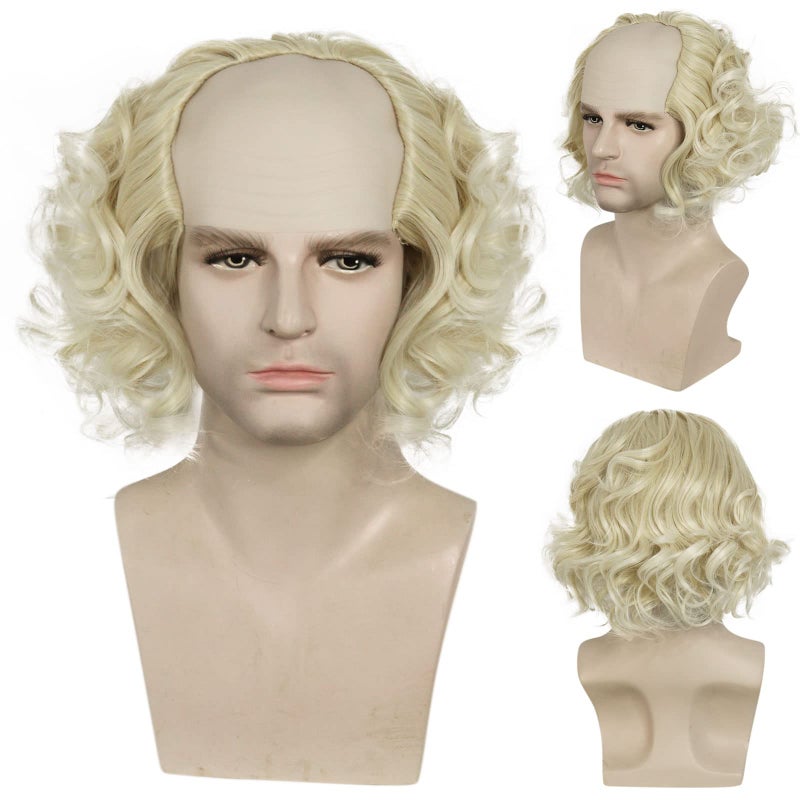 ANOGOL Hair CapBlonde Crazy Wig for Adult Balding Wigs Cosplay Funny Wigs Short Wavy Synthetic Wig for Balding Male Costume Halloween Party