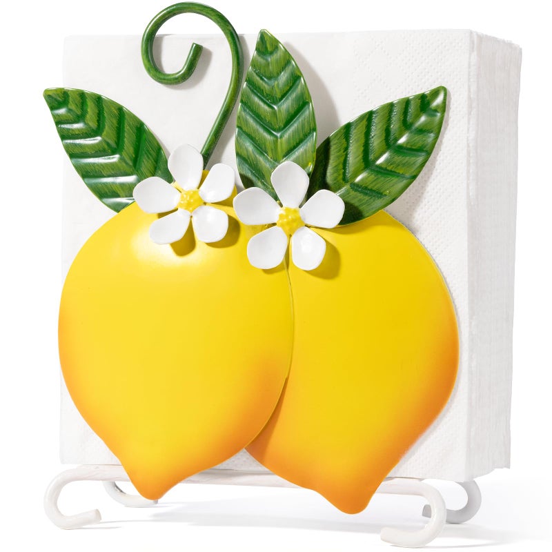 Shinlar Lemon Napkin Holder for Table - Tissue Holder for Spring Home Decor, Vintage Home Yellow Kitchen Counter Decor and Accessories, Lemon Housewarming Gifts for Women, 3D Handmade Pattern, Metal - Image 1