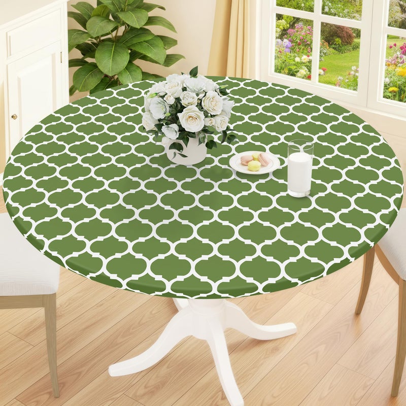 Smiry Round Picnic Tablecloth, Waterproof Elastic Fitted Table Covers for 36" - 44" Tables, Wipeable Flannel Backed Vinyl Tablecloths for Camping, Indoor, Outdoor, Green & White - Image 1