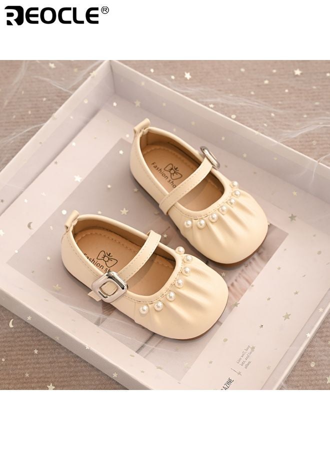 ريوكل أحذية زفاف الفتيات بتصميم باليه اللؤلؤ ونمط ماري جين للأحذية الأولى للمشي للأطفال مع نعل ناعم للمناسبات الخاصة وعقد المعمودية - Image 1