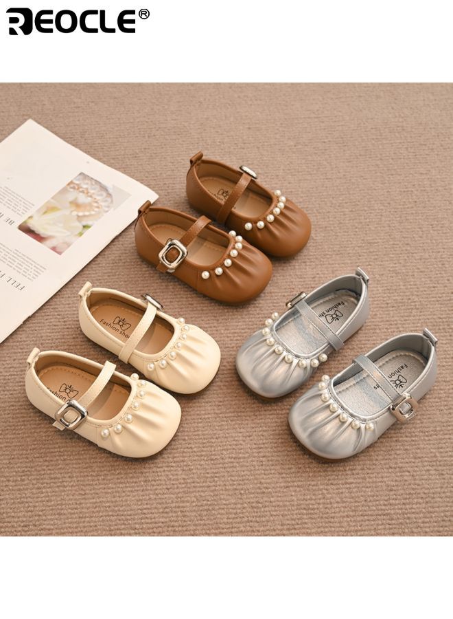 ريوكل أحذية زفاف الفتيات بتصميم باليه اللؤلؤ ونمط ماري جين للأحذية الأولى للمشي للأطفال مع نعل ناعم للمناسبات الخاصة وعقد المعمودية - Image 3