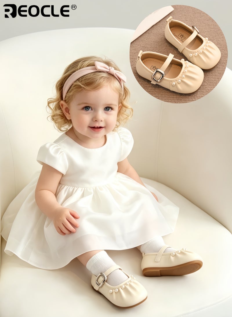 REOCLE Girl's Wedding Shoes with Pearl Ballet Design and Mary Jane Flats Style Girl Walkers with Soft Sole for Baptism Special Occasions - Image 1