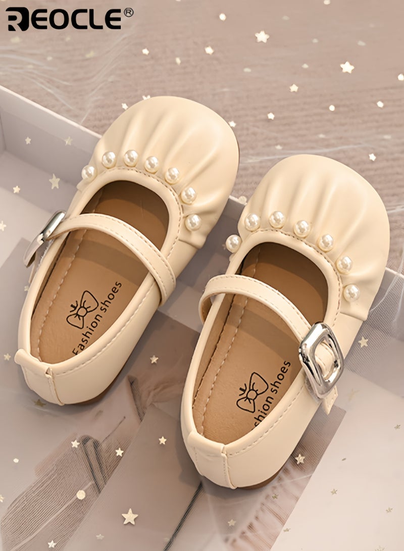 REOCLE Girl's Wedding Shoes with Pearl Ballet Design and Mary Jane Flats Style Girl Walkers with Soft Sole for Baptism Special Occasions - Image 2