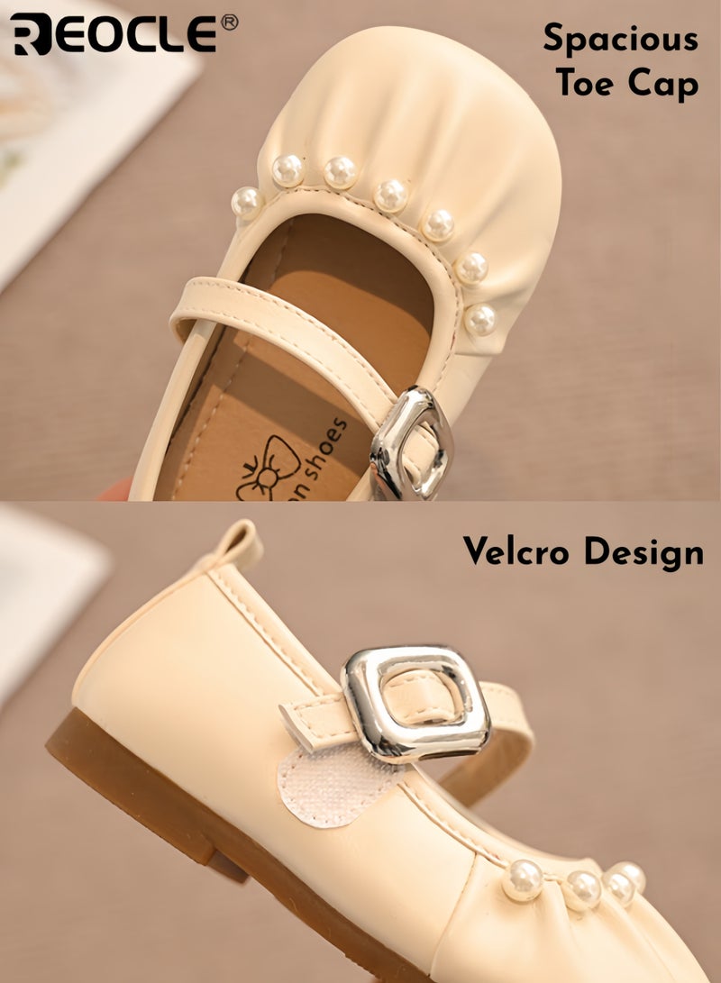 REOCLE Girl's Wedding Shoes with Pearl Ballet Design and Mary Jane Flats Style Girl Walkers with Soft Sole for Baptism Special Occasions - Image 3