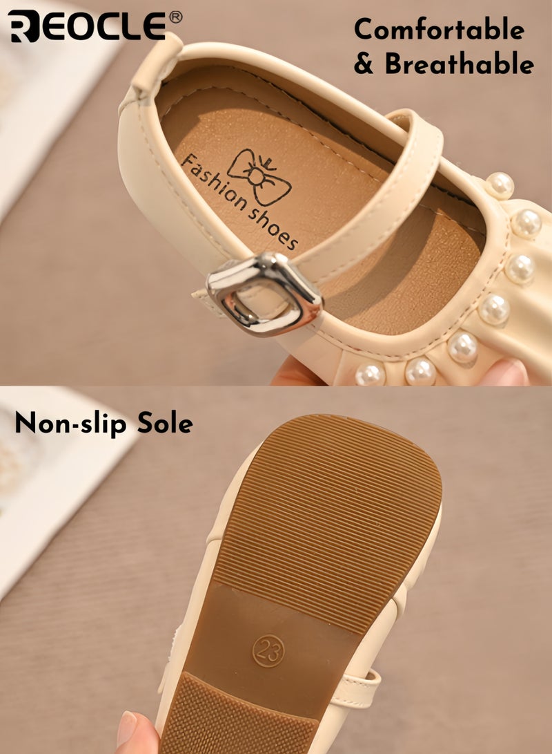 REOCLE Girl's Wedding Shoes with Pearl Ballet Design and Mary Jane Flats Style Girl Walkers with Soft Sole for Baptism Special Occasions - Image 4