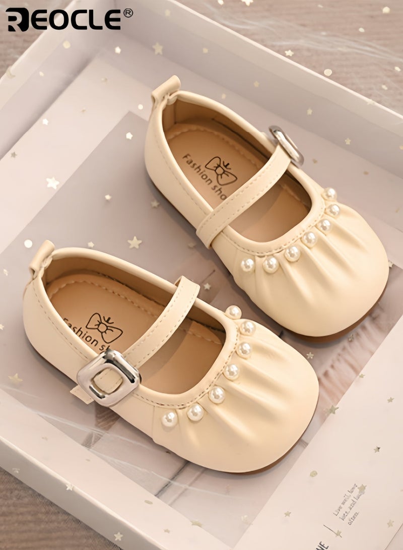 REOCLE Girl's Wedding Shoes with Pearl Ballet Design and Mary Jane Flats Style Girl Walkers with Soft Sole for Baptism Special Occasions - Image 5