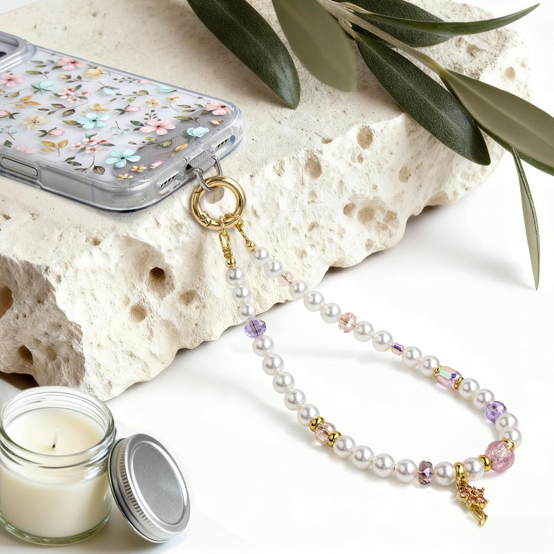 pcgaga Designed Pearl Beaded Phone Charm Wrist Strap, Handmade Anti-Theft Bracelet Straps, Detachable Wrist Chain Lanyard for Mobile Phone Accessories, Keychain, Women Gifts (Pink Blossom) - Image 3