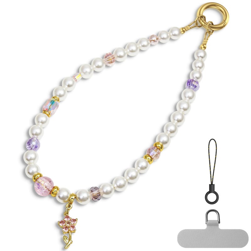 pcgaga Designed Pearl Beaded Phone Charm Wrist Strap, Handmade Anti-Theft Bracelet Straps, Detachable Wrist Chain Lanyard for Mobile Phone Accessories, Keychain, Women Gifts (Pink Blossom) - Image 1