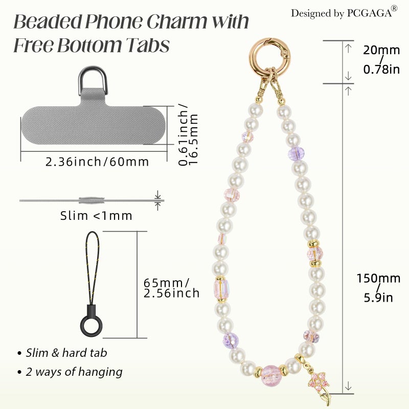 pcgaga Designed Pearl Beaded Phone Charm Wrist Strap, Handmade Anti-Theft Bracelet Straps, Detachable Wrist Chain Lanyard for Mobile Phone Accessories, Keychain, Women Gifts (Pink Blossom) - Image 4