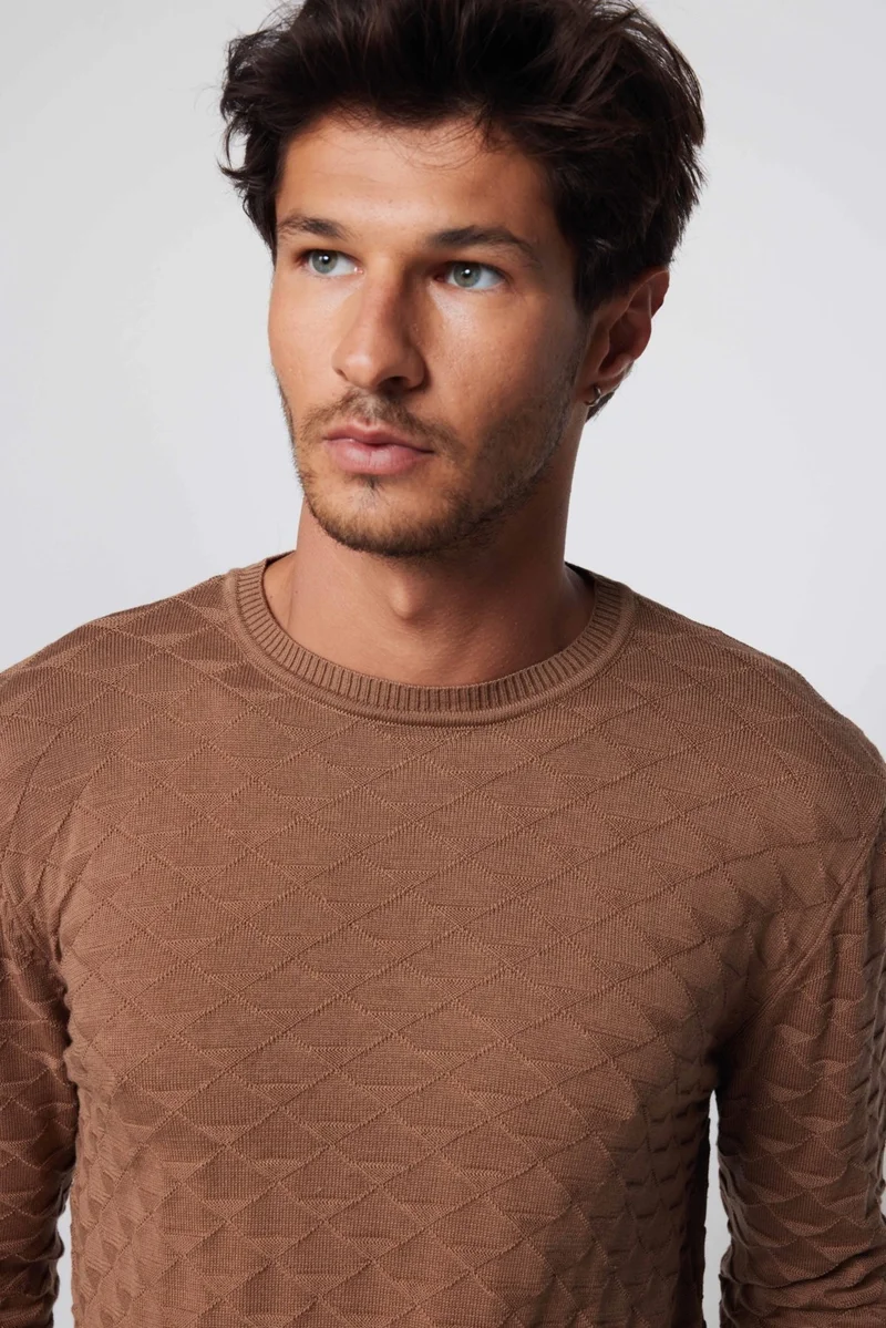 تودورس Classic Fit Comfortable Cut Crew Neck Patterned Men's Coffee Sweater