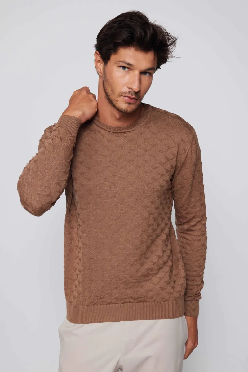 تودورس Classic Fit Comfortable Cut Crew Neck Patterned Men's Coffee Sweater