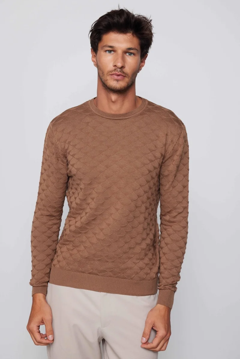 تودورس Classic Fit Comfortable Cut Crew Neck Patterned Men's Coffee Sweater