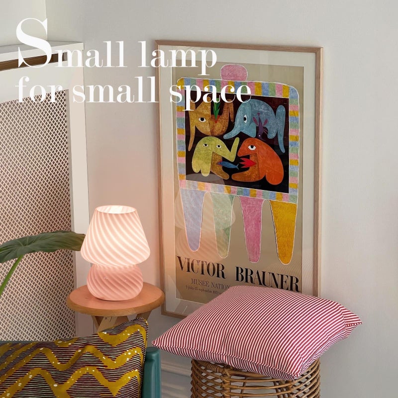 ONEWISH Mushroom Lamp-Small Bedside Table Lamp with Striped Glass, Nightstand Lamp for Bedroom, Living Room, Cafe, Bulb Included, Home Decor for Girls Women, Pink - Image 5