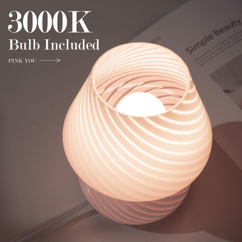 ONEWISH Mushroom Lamp-Small Bedside Table Lamp with Striped Glass, Nightstand Lamp for Bedroom, Living Room, Cafe, Bulb Included, Home Decor for Girls Women, Pink - Image 3